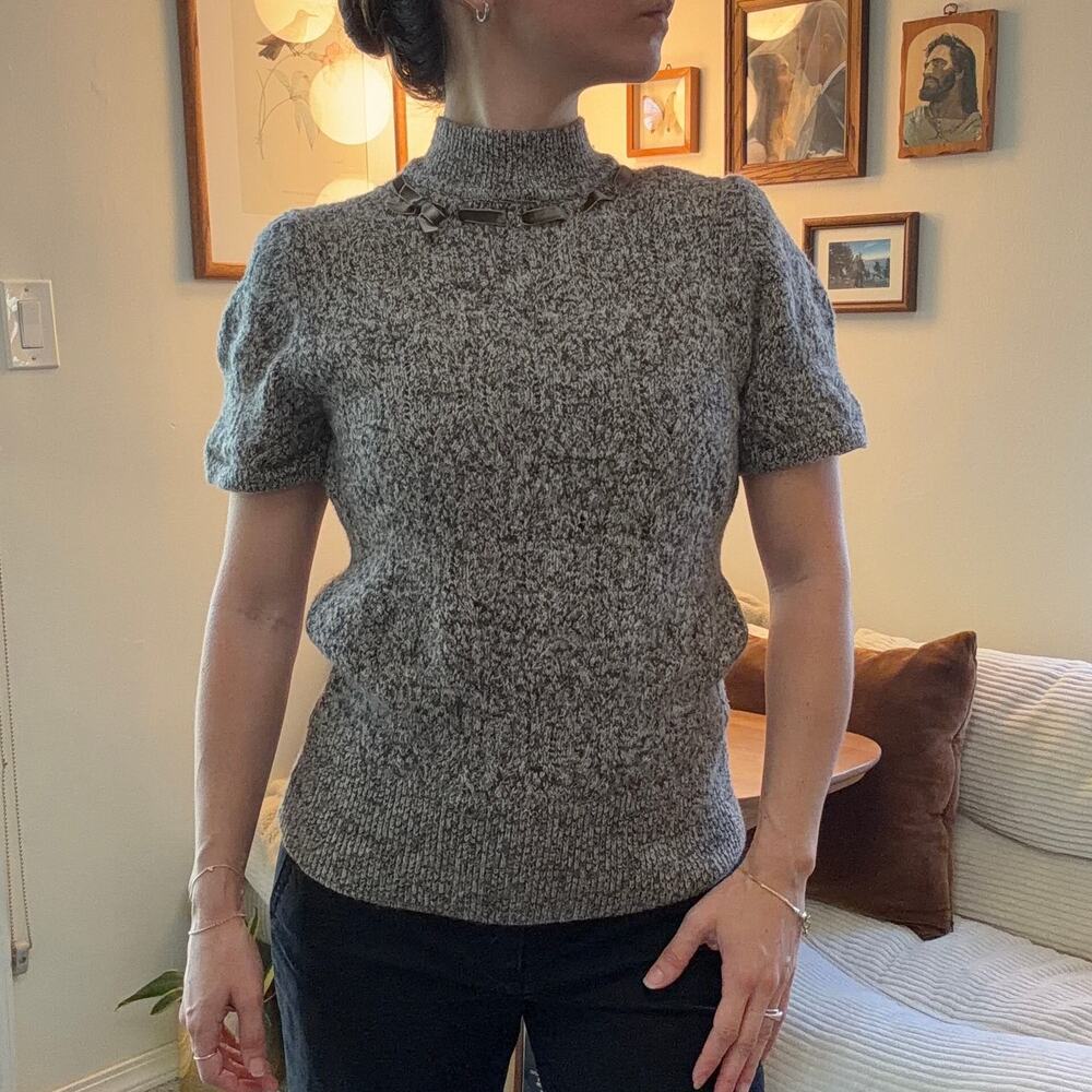 Vintage Alfred Dunner Wool Angora Blend Marled Knit Mock Neck Sweater Bows Sz S